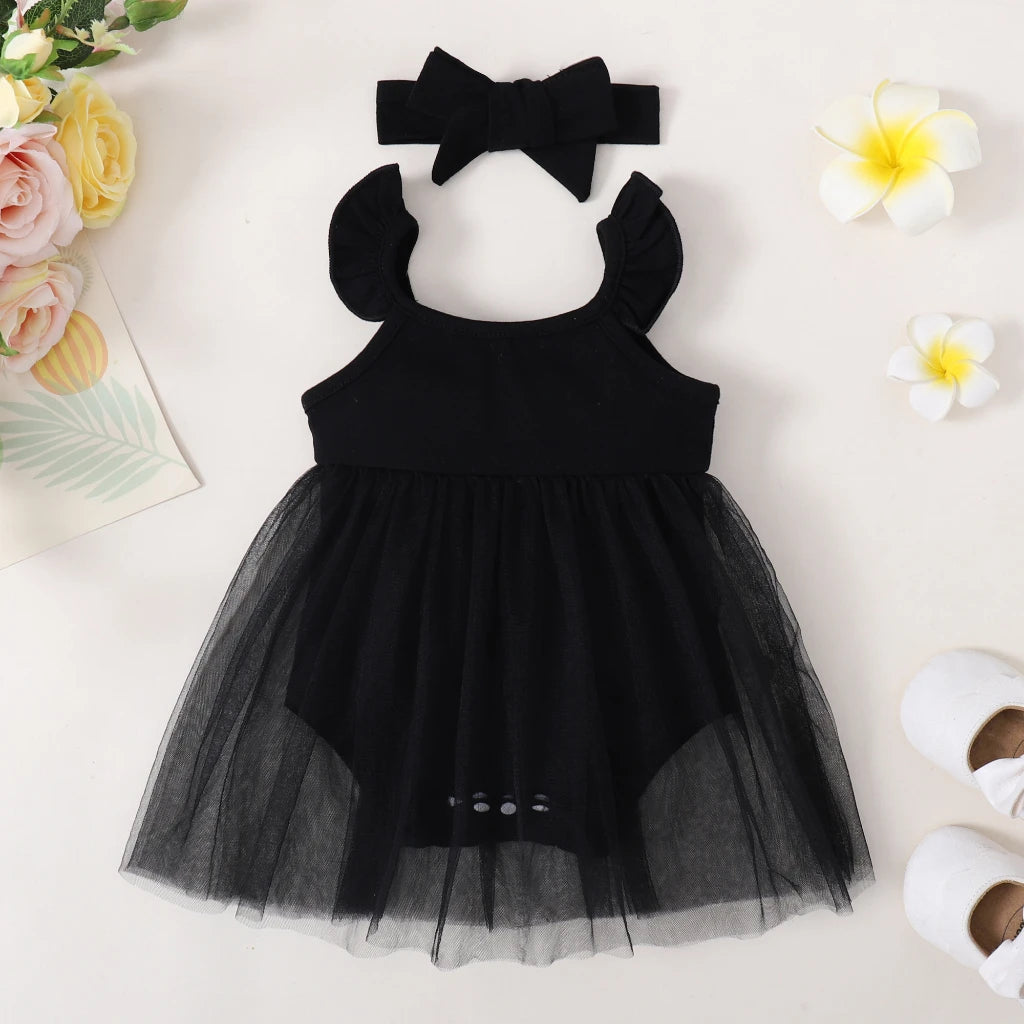 0-18 Months Newborn Baby Girl Romper Dress Sleeveless Black Lace Dress with Headband 2PCS Costume Infant Baby Girl Jumpsuit