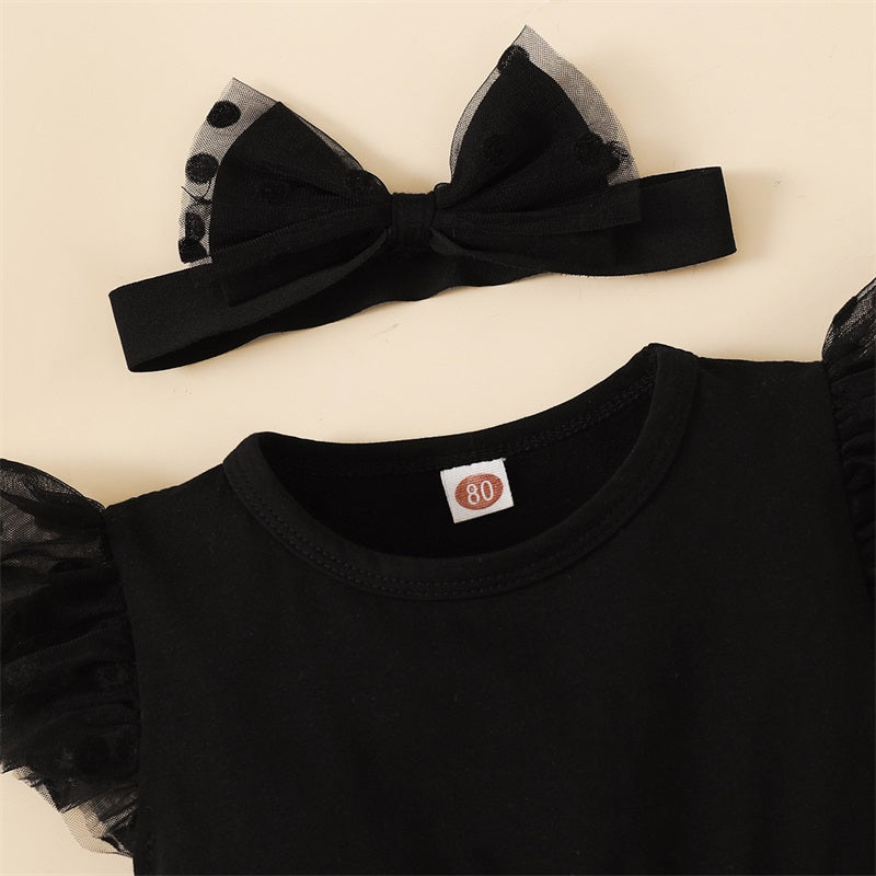 0-18months Baby Girls Romper Dress Dot Fly Sleeve Black Mesh Skirts Hem Jumpsuits For Infant Girl Summer Bodysuits With Headband
