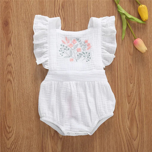 0-24Months Baby Girl Ruffle Bodysuit Embroidered Flower Pattern Cotton Rompers For Girl Summer White One_piece Playsuit Sunsuit