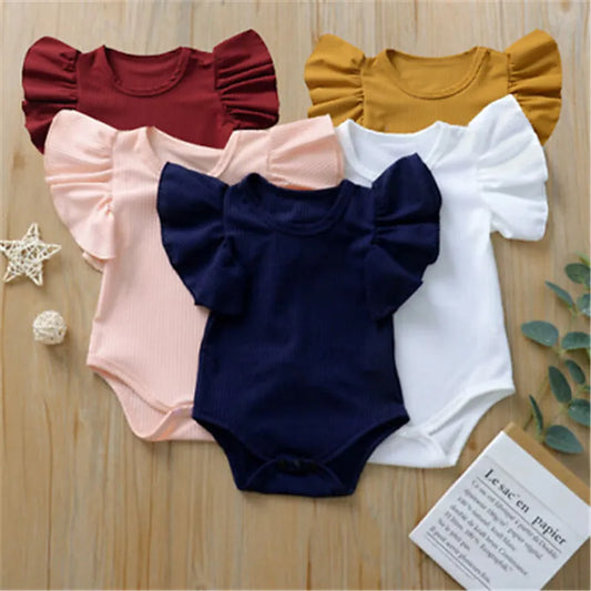 0-18months Newborn Baby Girl Rompers Ruffle Short Sleeve Bodysuit For Infant Girls Solid Black Pink White Summer Playsuits