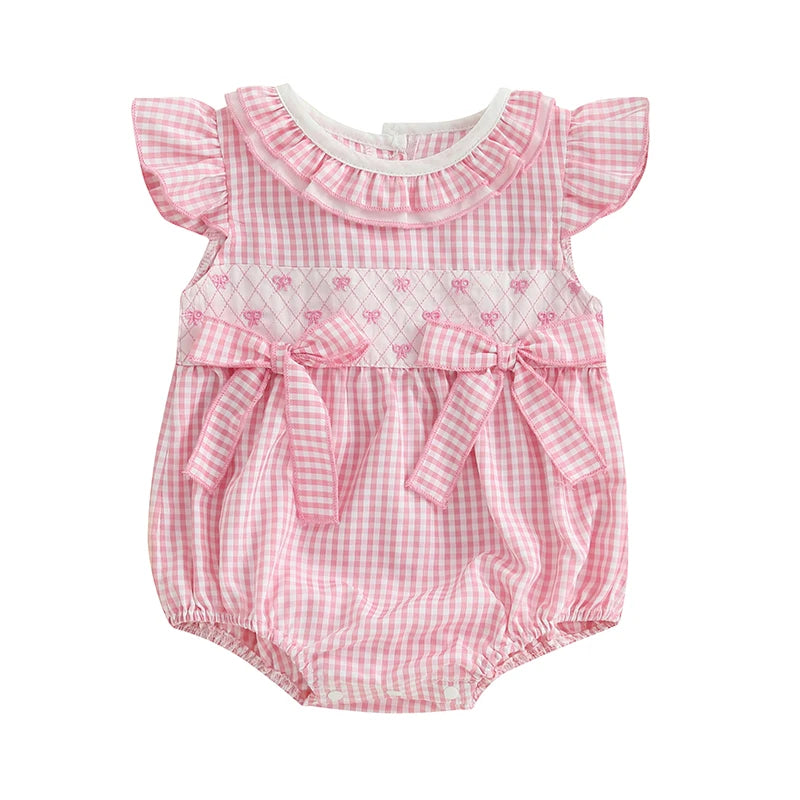 0-18M Newborn Baby Girl Summer Outfit Bow Smocked Bubble Romper Doll Collar Plaid Bodysuit Fly Sleeve Jumpsuit Clothes