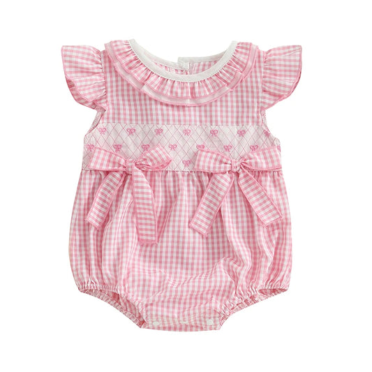 0-18M Newborn Baby Girl Summer Outfit Bow Smocked Bubble Romper Doll Collar Plaid Bodysuit Fly Sleeve Jumpsuit Clothes