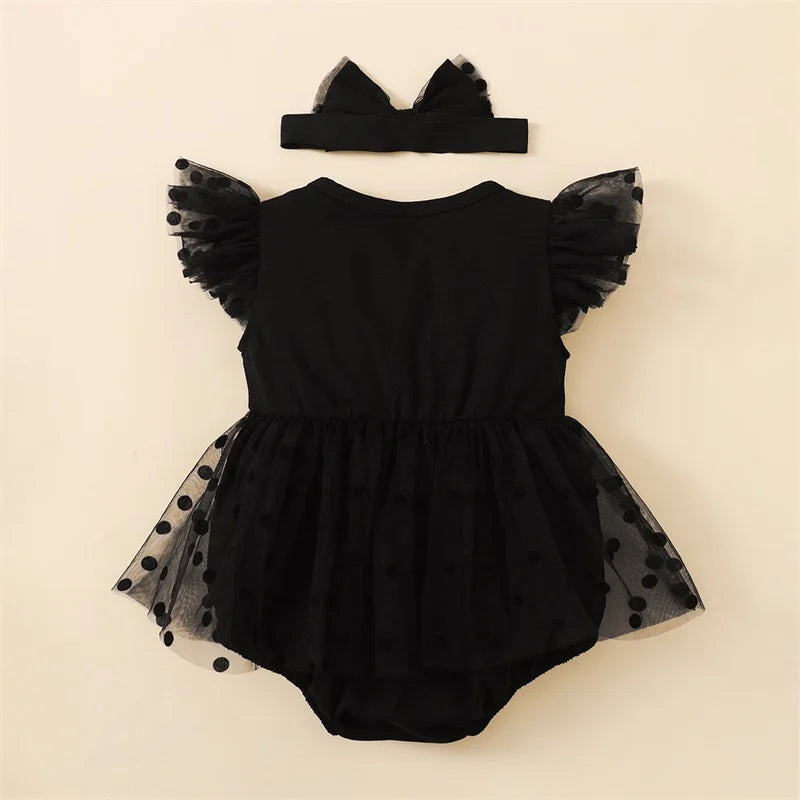0-18months Baby Girls Romper Dress Dot Fly Sleeve Black Mesh Skirts Hem Jumpsuits For Infant Girl Summer Bodysuits With Headband