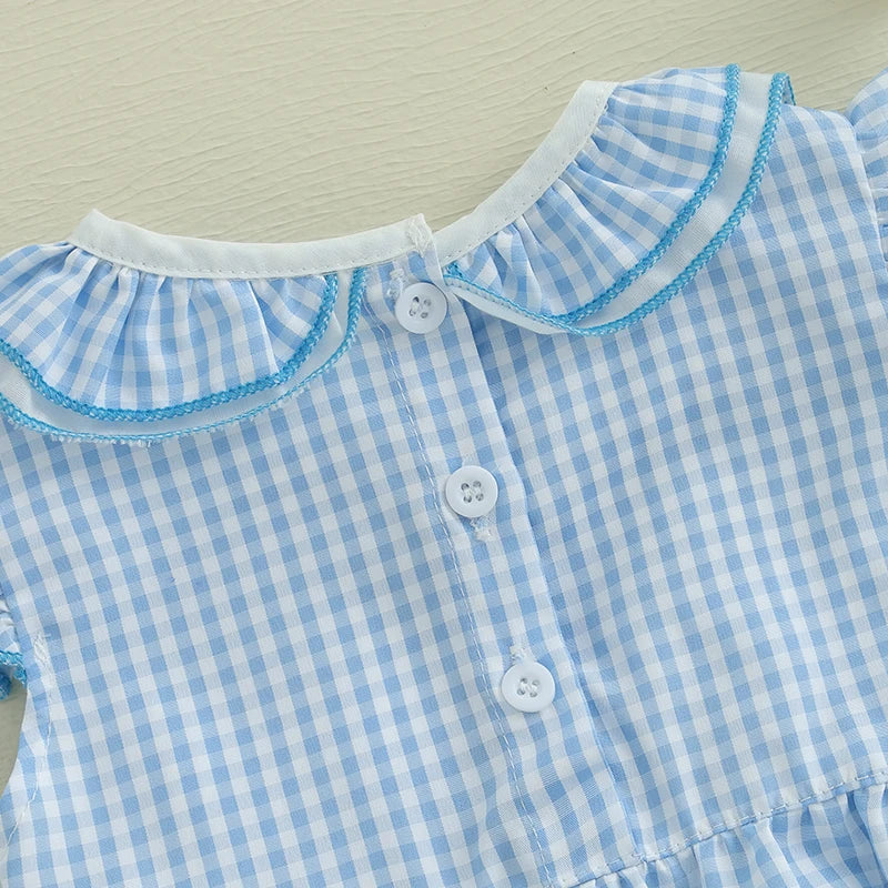 0-18M Newborn Baby Girl Summer Outfit Bow Smocked Bubble Romper Doll Collar Plaid Bodysuit Fly Sleeve Jumpsuit Clothes