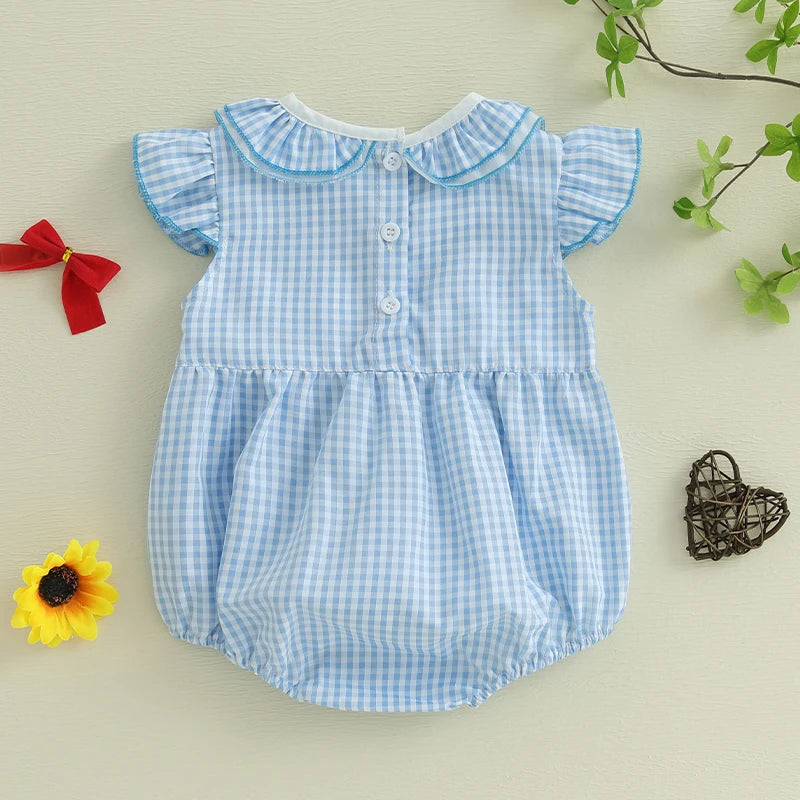 0-18M Newborn Baby Girl Summer Outfit Bow Smocked Bubble Romper Doll Collar Plaid Bodysuit Fly Sleeve Jumpsuit Clothes