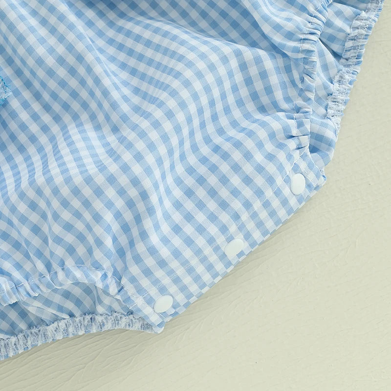 0-18M Newborn Baby Girl Summer Outfit Bow Smocked Bubble Romper Doll Collar Plaid Bodysuit Fly Sleeve Jumpsuit Clothes
