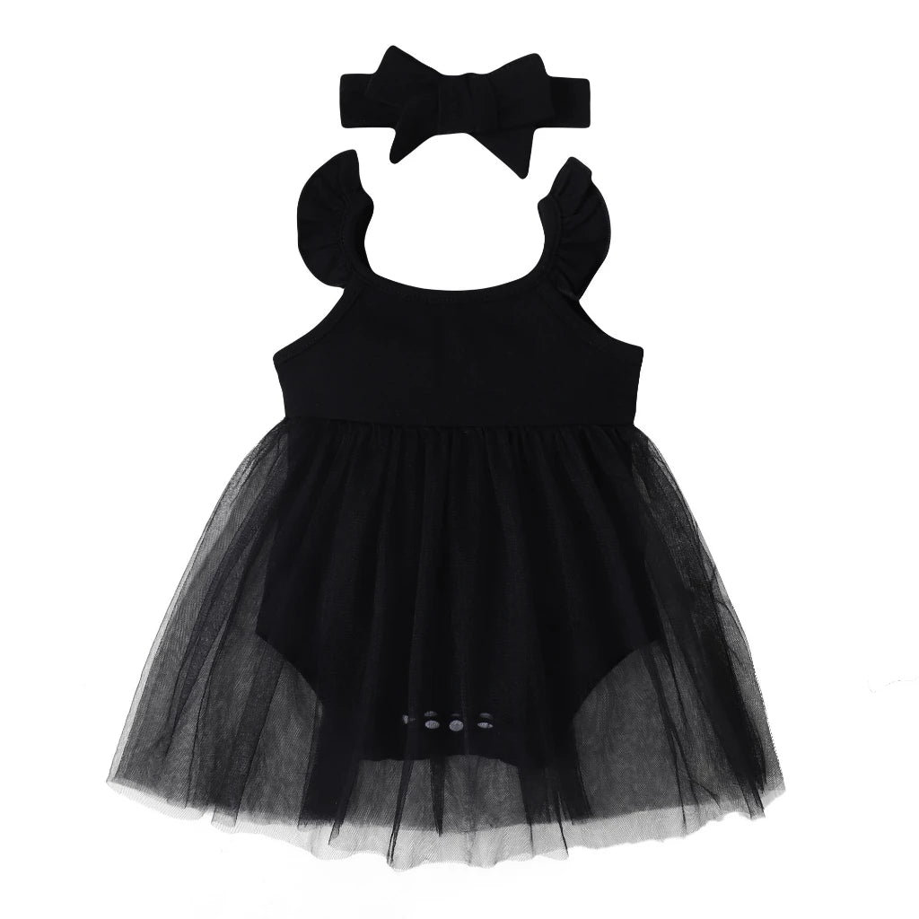 0-18 Months Newborn Baby Girl Romper Dress Sleeveless Black Lace  Dress with Headband 2PCS Costume Infant Baby Girl Jumpsuit