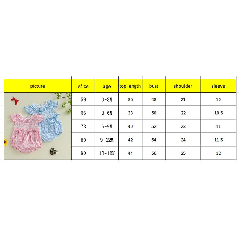 0-18M Newborn Baby Girl Summer Outfit Bow Smocked Bubble Romper Doll Collar Plaid Bodysuit Fly Sleeve Jumpsuit Clothes