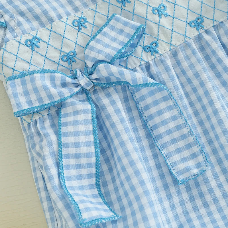 0-18M Newborn Baby Girl Summer Outfit Bow Smocked Bubble Romper Doll Collar Plaid Bodysuit Fly Sleeve Jumpsuit Clothes