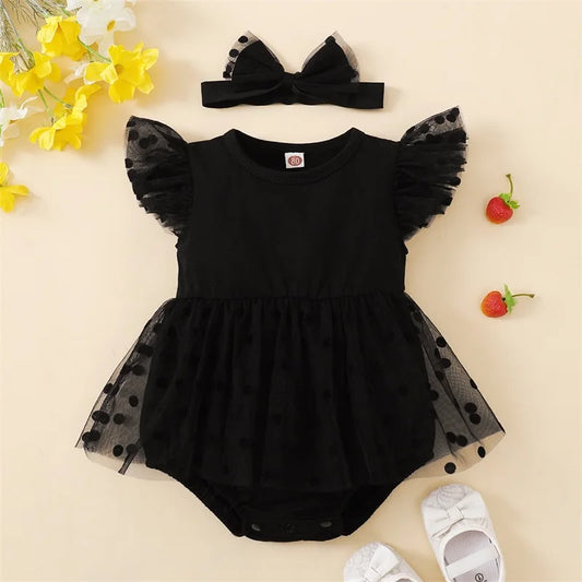 0-18months Baby Girls Romper Dress Dot Fly Sleeve Black Mesh Skirts Hem Jumpsuits For Infant Girl Summer Bodysuits With Headband
