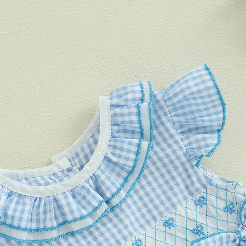 0-18M Newborn Baby Girl Summer Outfit Bow Smocked Bubble Romper Doll Collar Plaid Bodysuit Fly Sleeve Jumpsuit Clothes