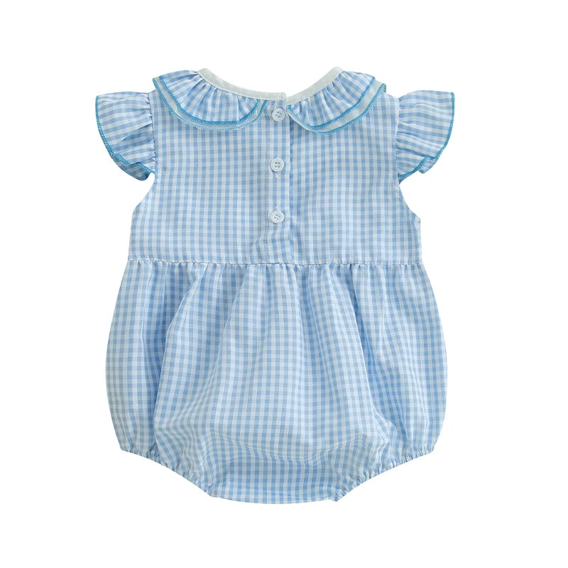 0-18M Newborn Baby Girl Summer Outfit Bow Smocked Bubble Romper Doll Collar Plaid Bodysuit Fly Sleeve Jumpsuit Clothes