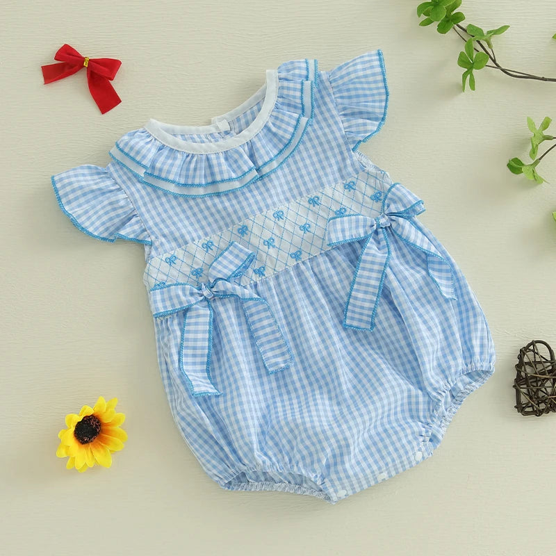 0-18M Newborn Baby Girl Summer Outfit Bow Smocked Bubble Romper Doll Collar Plaid Bodysuit Fly Sleeve Jumpsuit Clothes