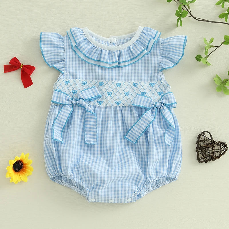 0-18M Newborn Baby Girl Summer Outfit Bow Smocked Bubble Romper Doll Collar Plaid Bodysuit Fly Sleeve Jumpsuit Clothes
